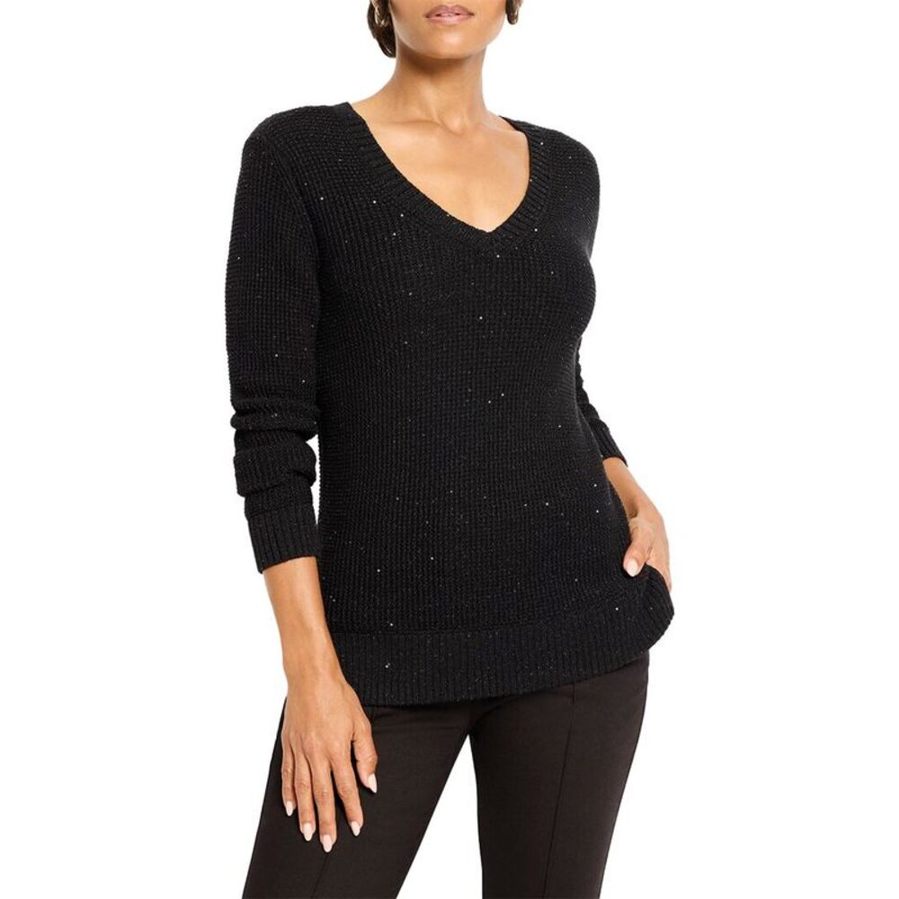 Nic+Zoe Womens  Shimmer Waffle V-Neck Sweater